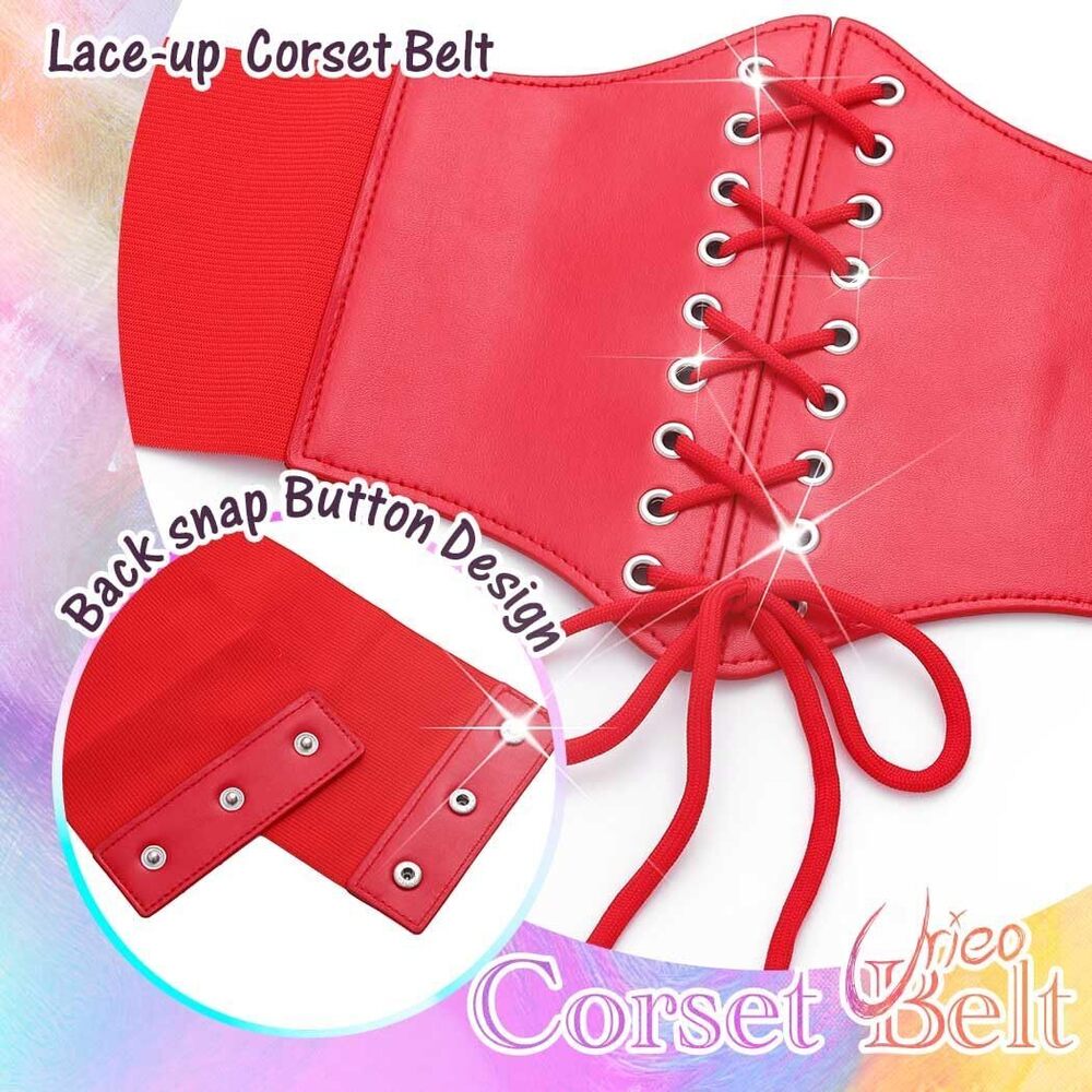 9774 Stretchy Leather Corset Belt Elastic Red Waist Belts Wide Costume - Picture 3 of 6